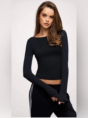 Nuuds Slinky Jersey Boat Neck Long Sleeve Shirt L Black Sculpting Top Festival
